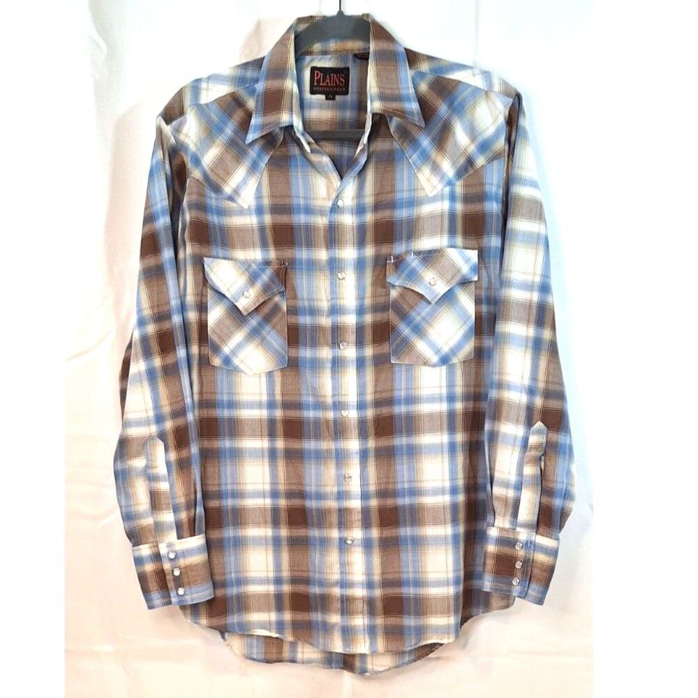 Plains Western Wear Long Sleeve Pearl Snap Mens Shirt Brown & Blue Plaid Size M
